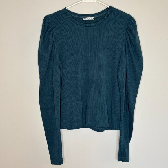 ZARA Long Sleeve Womens Puff Long Sleeve Ruched Top Teal Sz Small EUC - Picture 1 of 3